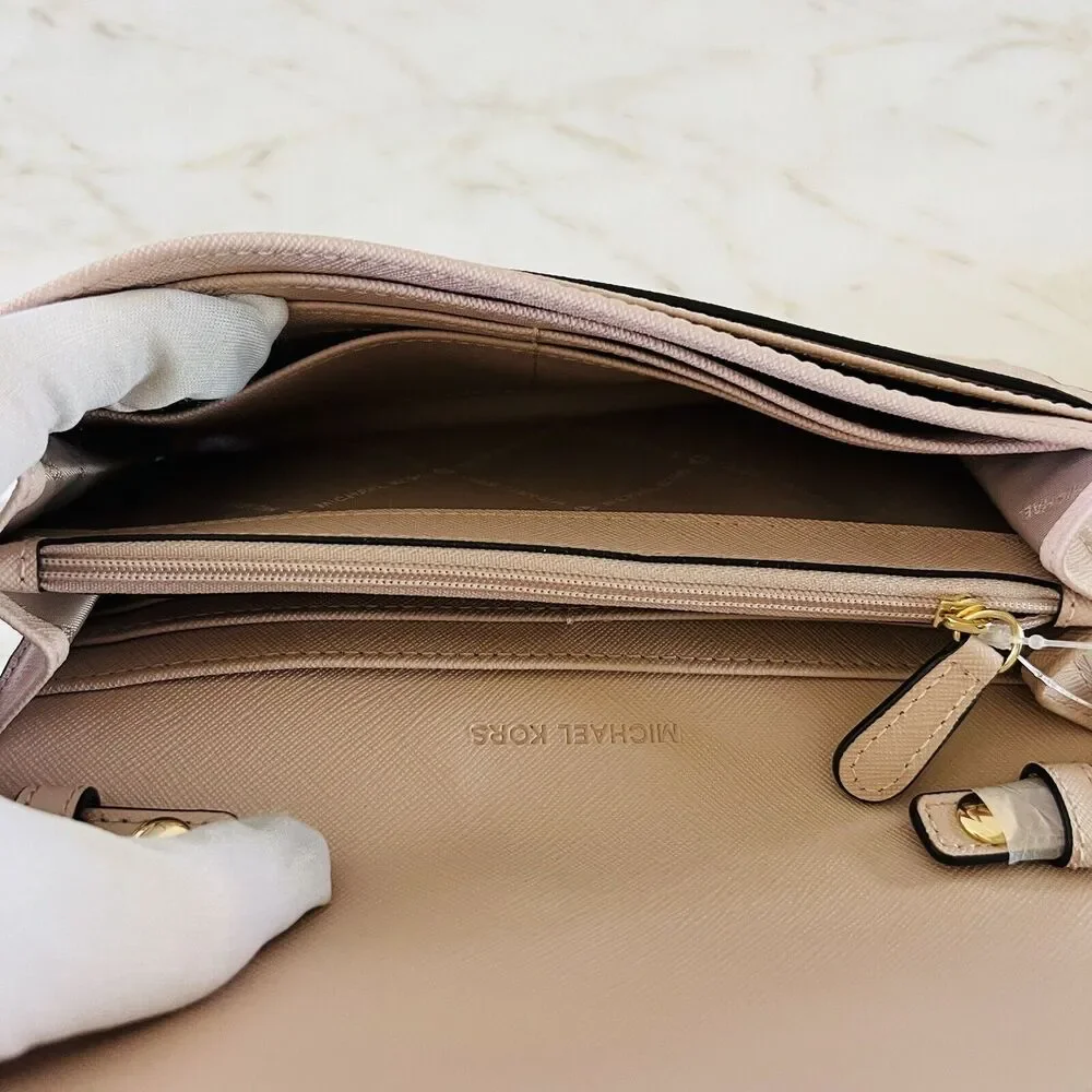 MICHAEL KORS Jet Set Charm Soft Pink Leather Wallet On A Chain Crossbody Bag
